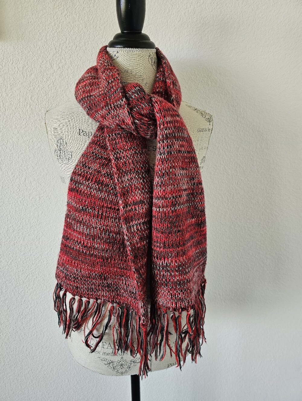 Vintage Space Dye Marled Knit Fringe Scarf – Red Black Grey 57" Winter Wrap